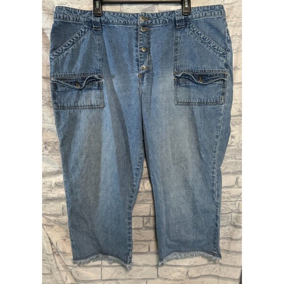 Route 66 Capri Womens 22W Blue Denim Button Fly Y2K Raw Hem Made in Russia Vntg - Picture 1 of 16